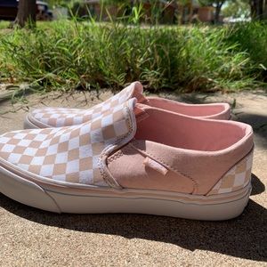 pink and white checkered vans